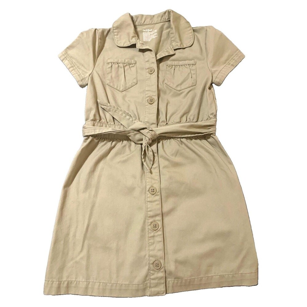 Cat & Jack Girls 7 Beige Shirt School Dress Collared Button-Front Belted Knee